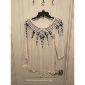 Terre‎ Bleue Women's Embroidered Boho Blouse Size S White/Black